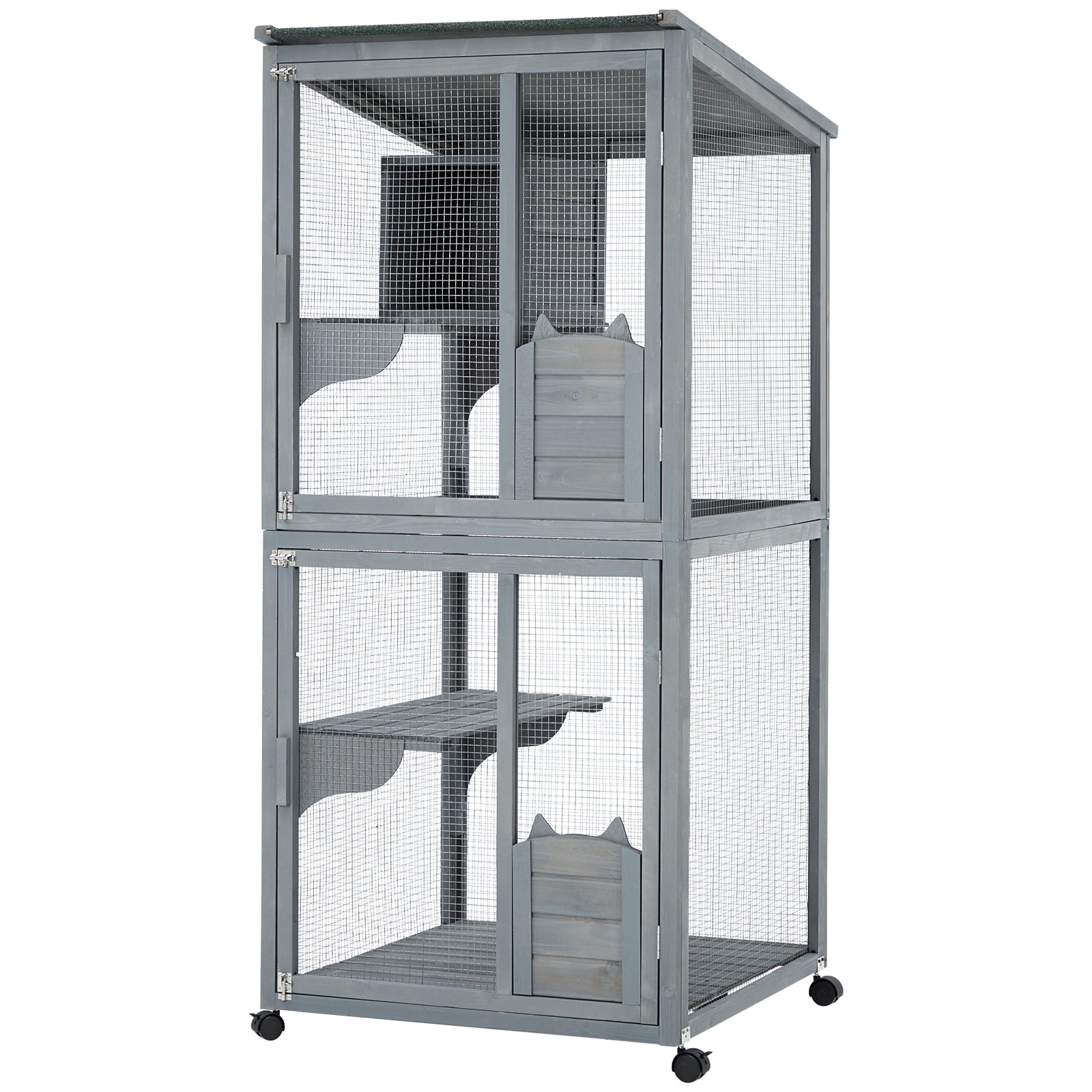 Large 3-Tier Outdoor Cat House, Small Animal Enclosure with 2 Lockable Doors, Catio with Waterproof Cover and Sunshine Panel Roof, Portable Kitty House with Resting Boxes & Fixable Wheels