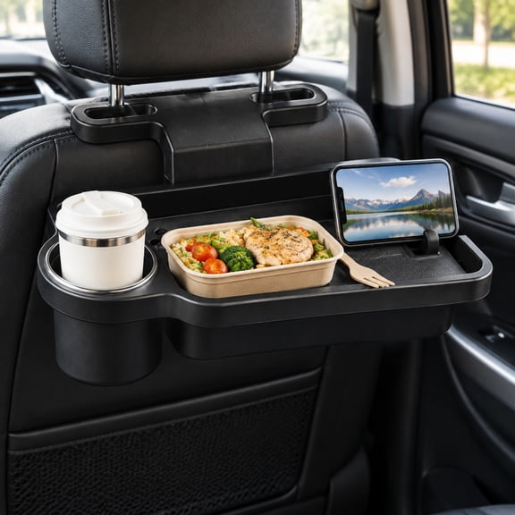 Car Back Seat Foldable Tray with Cup Holder and Phone Stand Headrest Mounted Dining Table for Road Trips