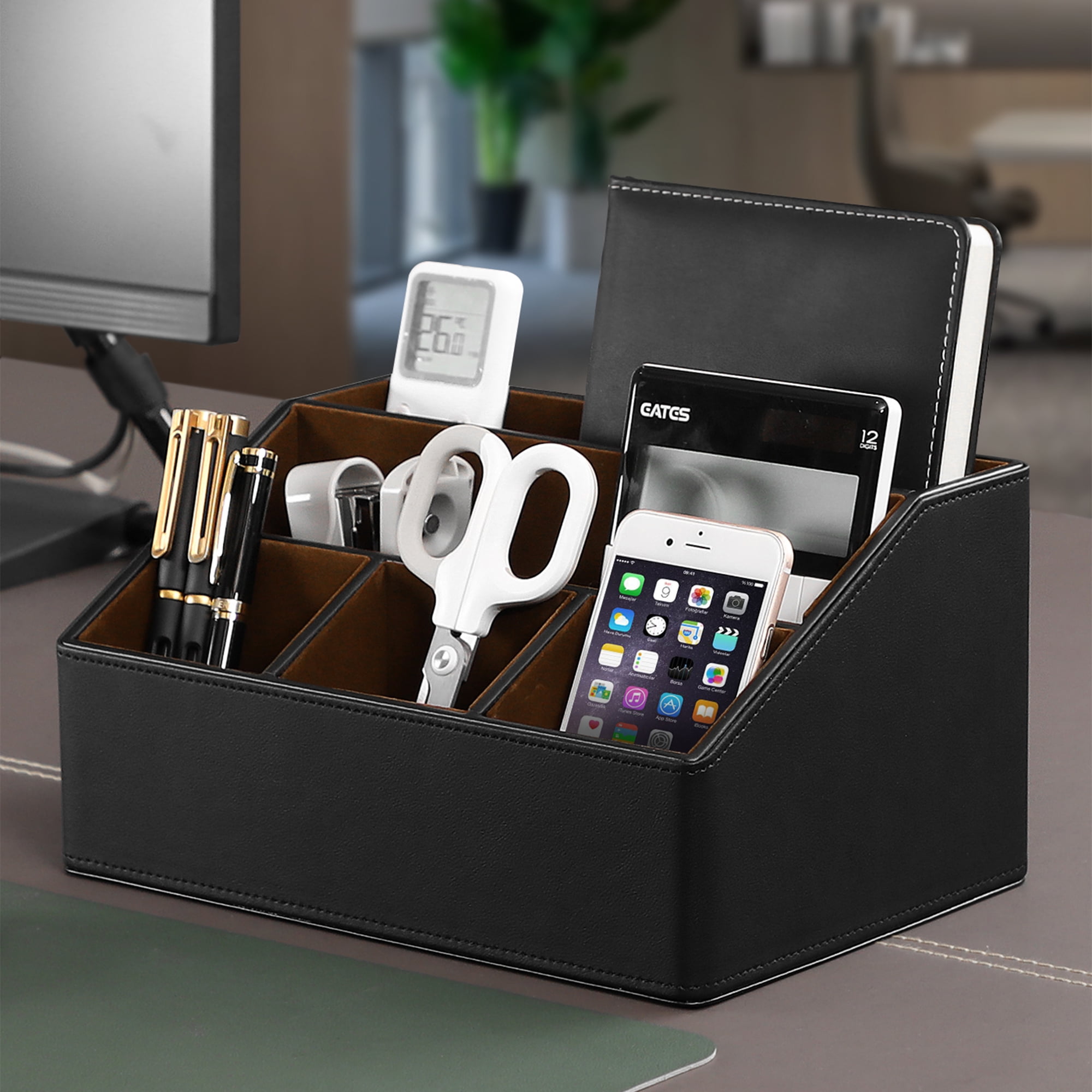 MEIBOOCH PU Leather Desk Organizer, Luxury Remote Control Holder for Home, Office Desk Accessories Table Caddy Bedside Nightstand Organizer (Black)