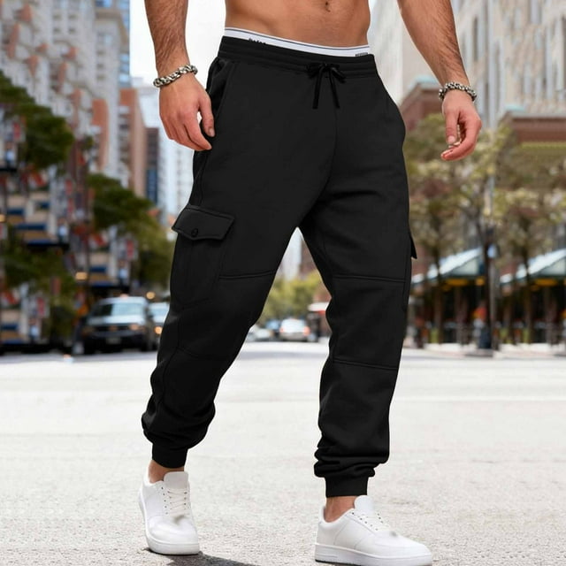 Ceisia Men Solid Color Fleece Multi Pocket Work Pants Loose Drawstring Gift Elastic Cuff Trousers