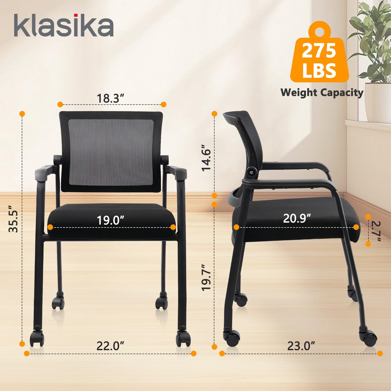 KLASIKA Waiting Room Chairs with Wheels, Adjustable Mesh Backrest, Desk Chair with Ergonomic Lumbar Support and Thickened Seats Cushion, 4 Pack Black