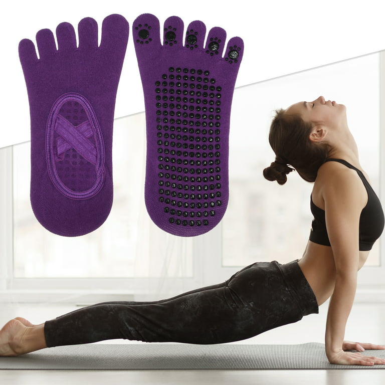 Unique Bargains 2 Pair Yoga Socks Five Toe Socks Non Slip Pilates Barre  Ballet Socks Dark Purple for Women with Grips 