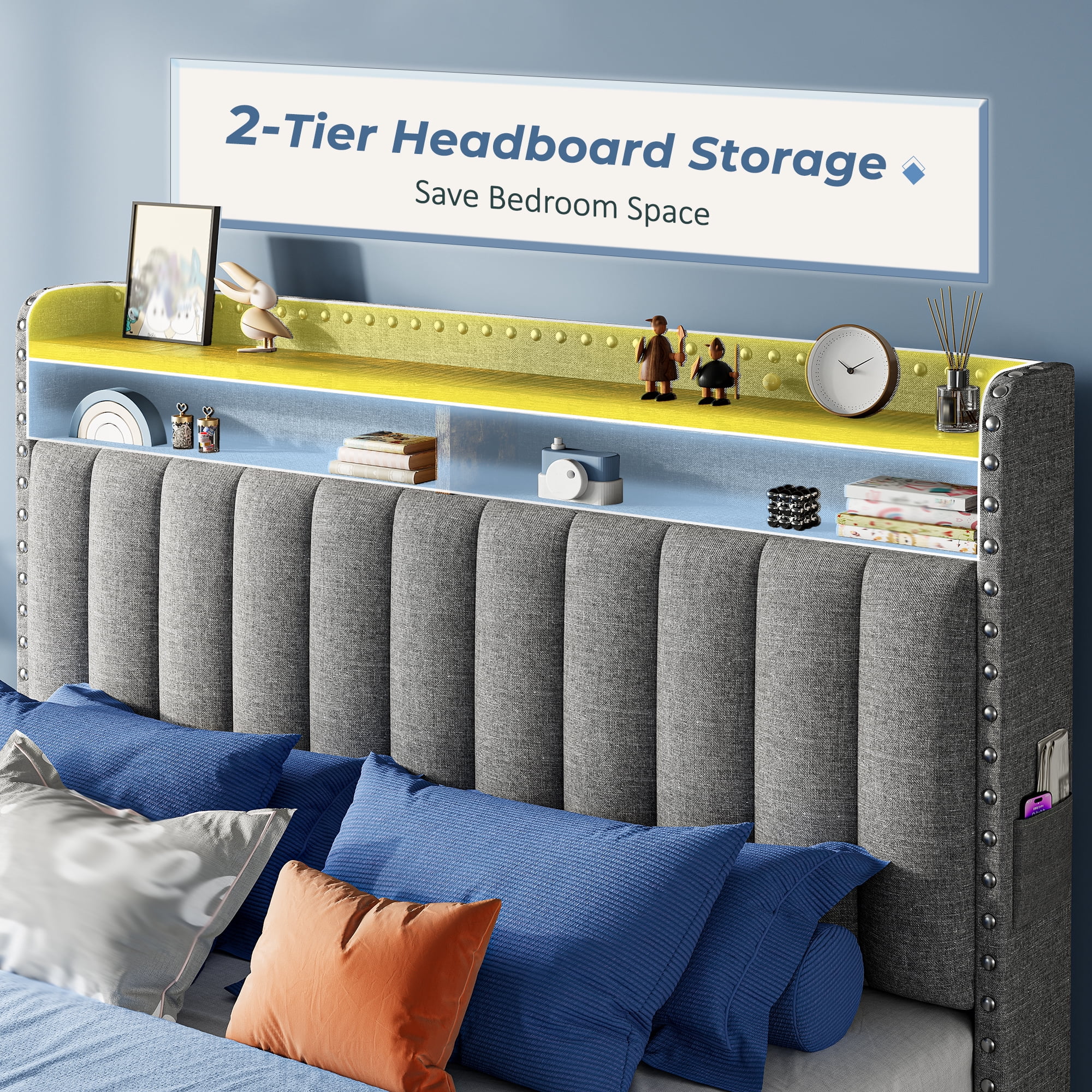 EnHomee Upholstered Full Size Bed Frame with Headboard and Storage, Sturdy Full Bed Frame with 3 Drawers, No Noise, Grey