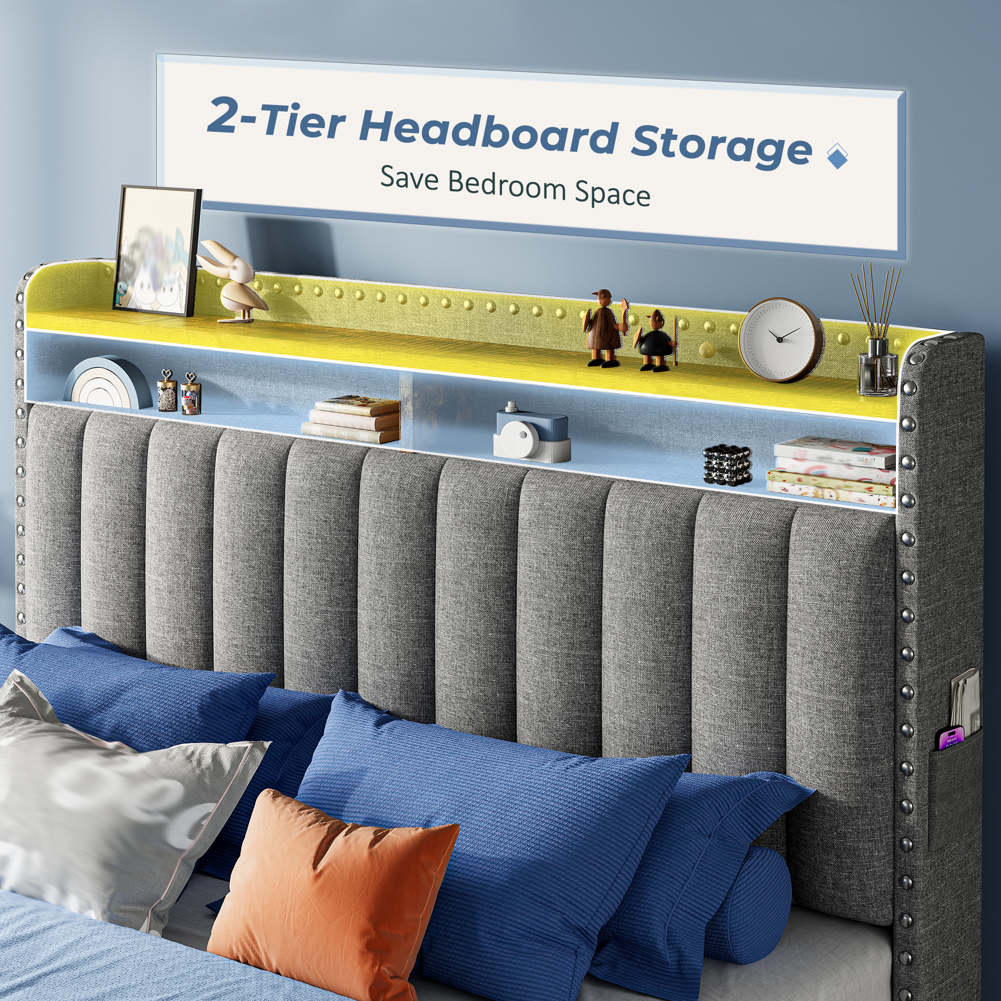 EnHomee Full Platform Bed with Headboard & 3 Drawers, Gray photo 4
