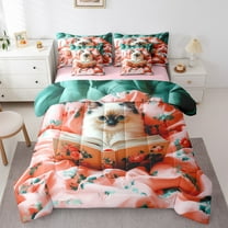 Erosebridal 3D Kitten Cat Bedding Sets Twin Size, Kawaii Animal Bedding Twin Size, Retro Flower Print Reversible Comforter Sets with Sheets, Lightweight Room Decoration, 7pcs