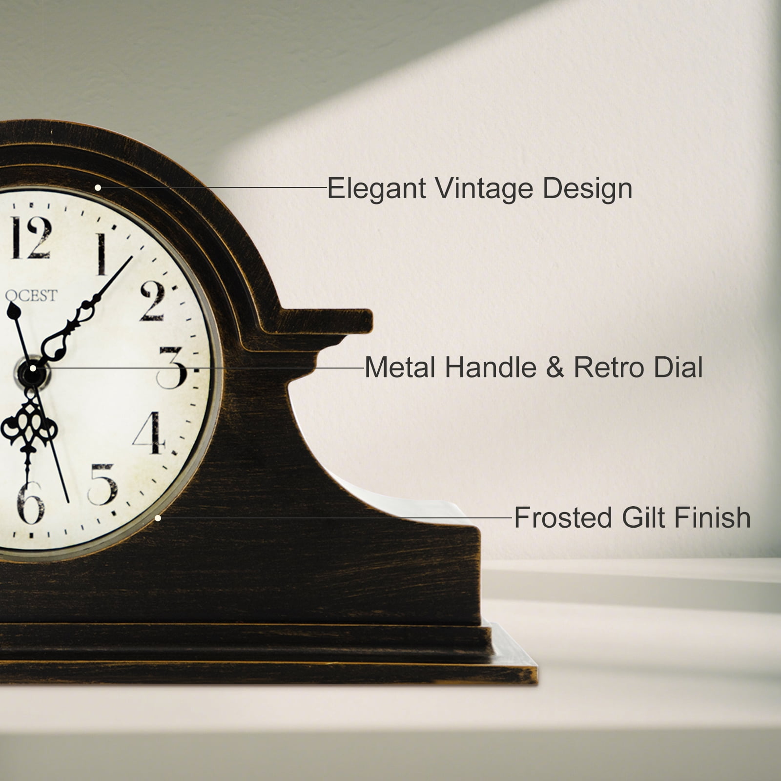 OCEST Vintage Mantel Clock, 13x7inch Battery Operated Wooden Mantel Clock, Silent Desk Shelf Vintage Clock for Living Room,Home Decor Gift, Elegant Wooden Frame