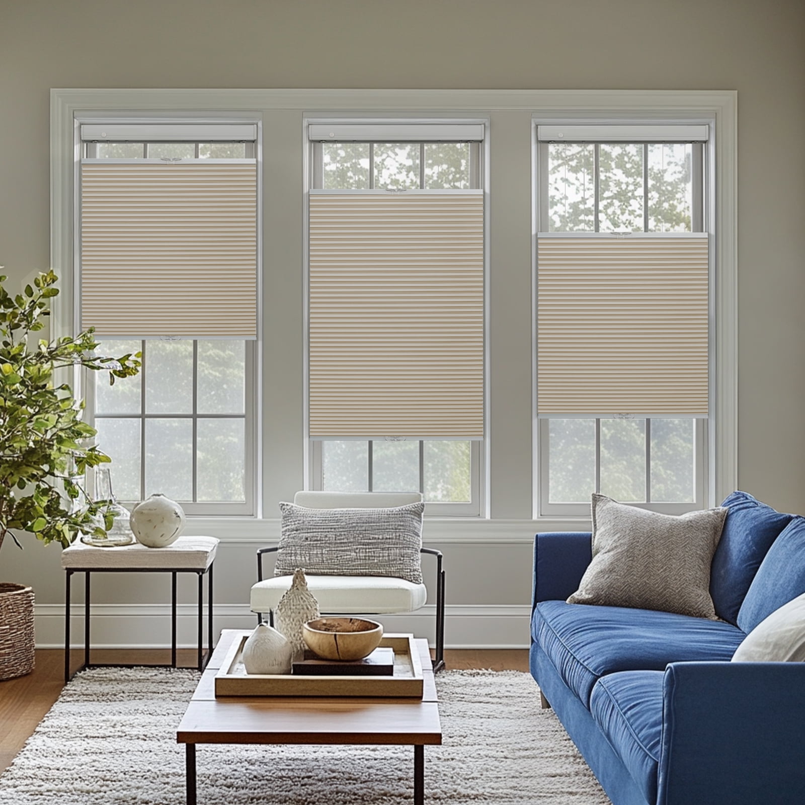 Keego New Upgraded No Drill Cellular Shades Top Down Bottom Up Honeycomb Blinds Cordless Window Blinds Easy to Install Cellular Shade for Windows, Blackout - Sand, 46"W x 40"H