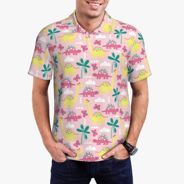 Fotbe Dinosaur Camiseta Polo de Golf para Hombre con Estampado – Camisa Deportiva Transpirable con Cuello Abotonado-Medium