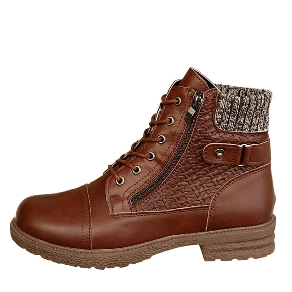 XUNKUSGA Ankle Boots for Women Classic Lace Up Side Zipper Low Heel Short Boots Comfortable Round Toe Quilted Panels Waterproof Motorcycle Boots for Fall Winter Brown 5.5