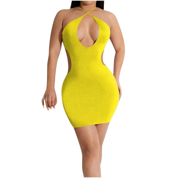 IROINNID Discount Wedding Guest Dresses for Women Semi Formal Evening Night Casual Homecoming Dress Solid s Comfy Sleeveless Sexy Hollow Out Slim Mini Dress Elegant Bodycon Dress,Yellow