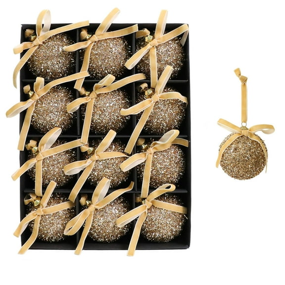 FastXmas 16 PCs Set Hanging Decoration of Christmas Tree Balls,3.15 Inch Hanging Decoration Balls,Golden Glitter Sequin Foam Christmas Balls Ornaments Balls for Xmas Party Holiday Birthday Decor