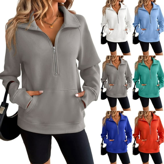 Lumtrix Womens Sweatshirts Quarter Zip Pullover Oversized Cropped Sweater Fall Winter Hoodies Clothes Royal Blue _CC03 M