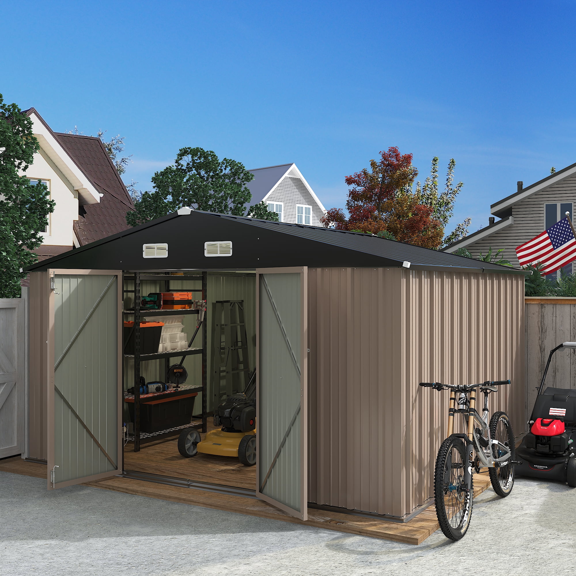 Devoko Spacious And Versatile Metal Storage Sheds, 76.40 x 120.00 x 121.00 inches, Brown