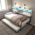 thumbnail image 3 of Tcbosik Twin Size Daybed with Trundle, Sofa Bed with Charging Station and LED Lights, Storage Shelf and Sliding Barn Door, Heavy Duty Metal Slats Support, No Box Spring Needed, Glossy White, 3 of 6