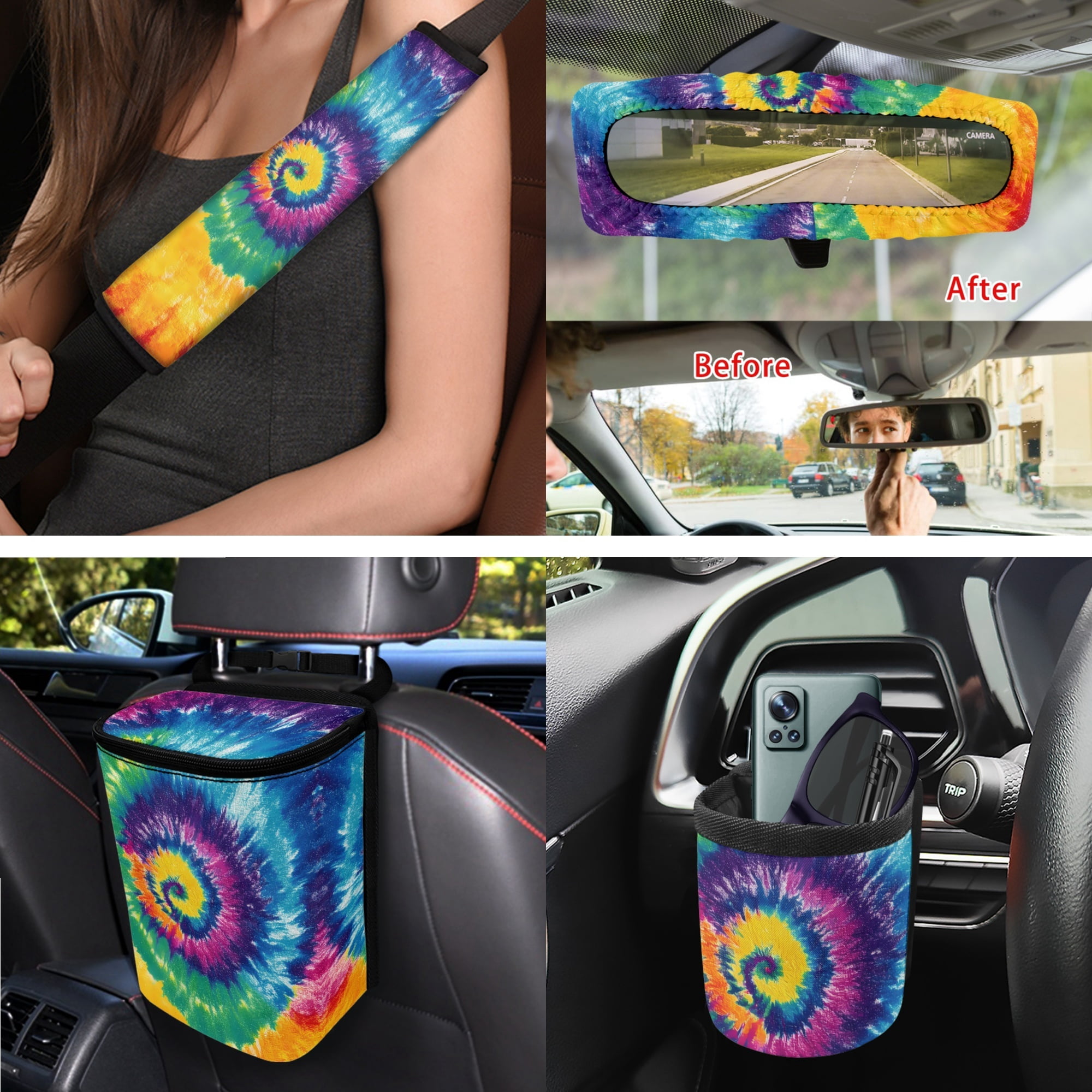 Yuyamidu Rainbow Tie Dye Car Seat Cover 15 Pack Front Back Seat Cover with Universal Steering Wheel Cover Seatbelt Strap Pad Trash Can Car Vent Organizer Cup Holders Rearview Mirror Cover Keychain