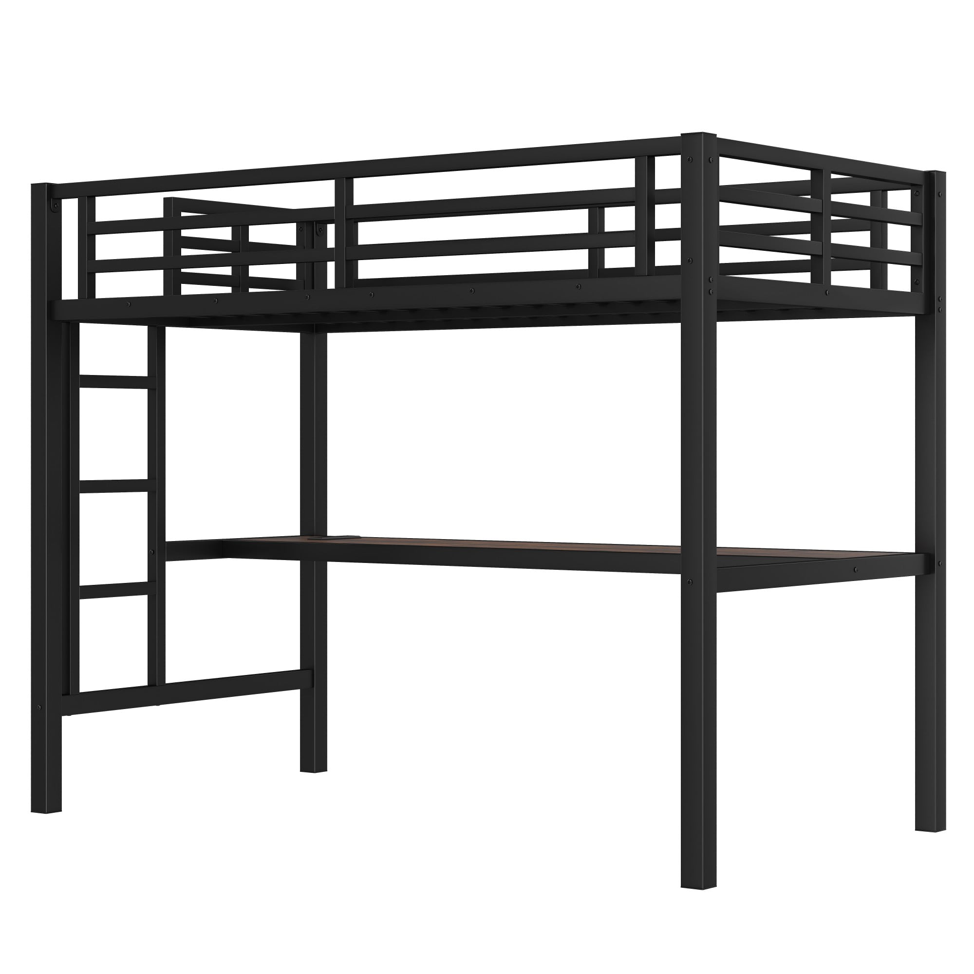 Aukfa Twin Size Metal Loft Bed with Desk, Charging Station and LED Lights for Kids, Space-Saving, Heavy Duty, Black