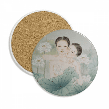 

Beauty with Lotus Chinese Style Watercolor Coaster Cup Mug Tabletop Protection Absorbent Stone