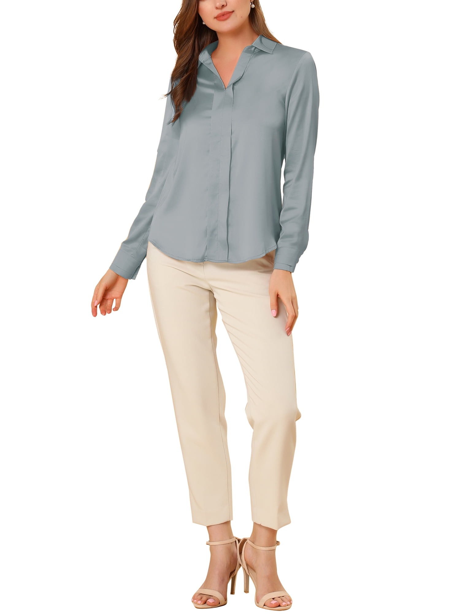 DARING DIVA Women's Silk V Neck Satin Long Sleeve Dressy Business Shirt XS Dusty Blue