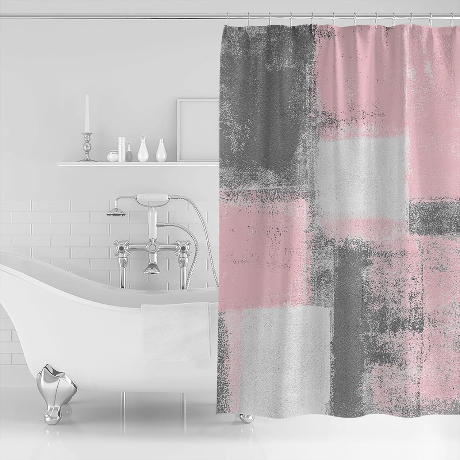 Pink Shower Curtain Lightweight Abstract Pink Shower Curtains with Hooks, Pink and Grey White Oil Painting Waterproof Bath Curtain for Bathroom,Pink Geometric Ombre Bathtub Decor 72 X 72 Inch