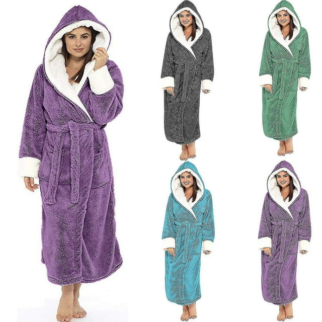 2023 Fleece Bathrobe Women Soft Dressing Gown Hooded Fluffy Towling Bath Robe-1