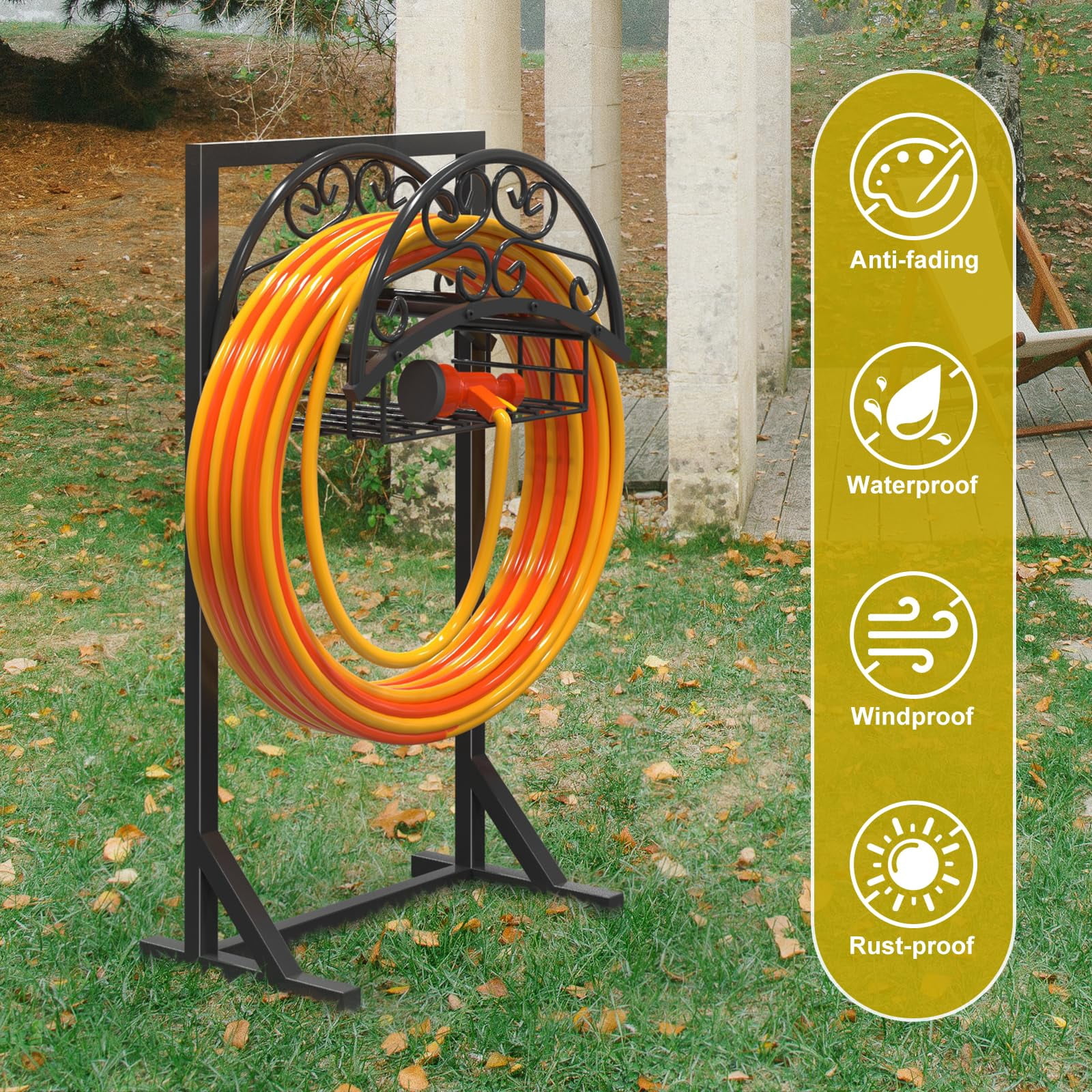 Yacona Garden Hose Holder, Heavy Duty Freestanding Hose Reel Hanger for Outside, Supports 160-Feet Hose, Black