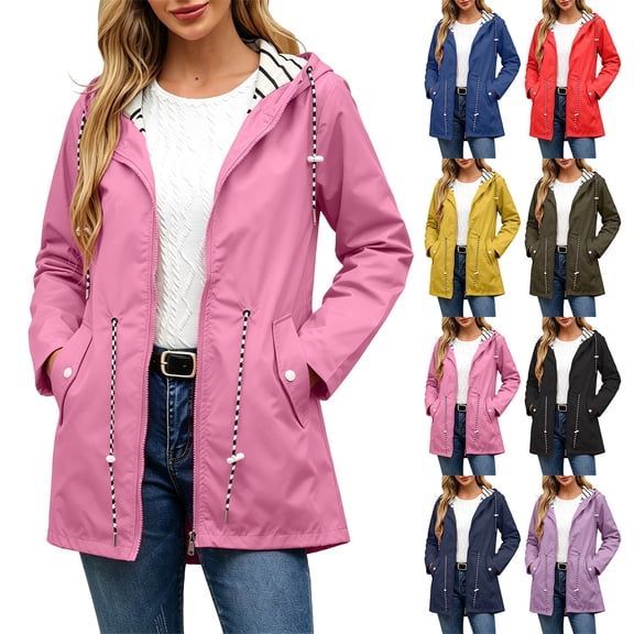 Smsaxvxz Plus Size Rain Jacket for Women Casual Striped Lined Hooded Lightweight Raincoat Outdoor Waterproof Windbreaker Pink 2XL