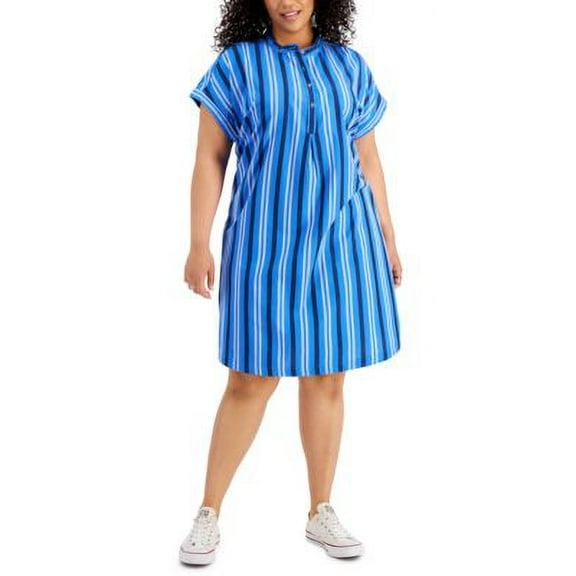 MSRP $45 Style & Co Womens Plus Size Cotton Striped Camp Shirtdress Blue Size 0X