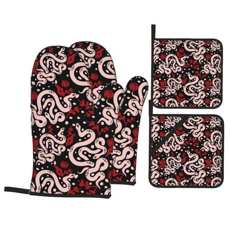 

Oven Mitts and Pot Holders Sets 4 pcs - Simple Cute Snake Flower Red Pink Heat Resistant Silicone Oven Gloves with Non-Slip Silicone Surface and hot pads for kitchen Baking Cooking BBQ