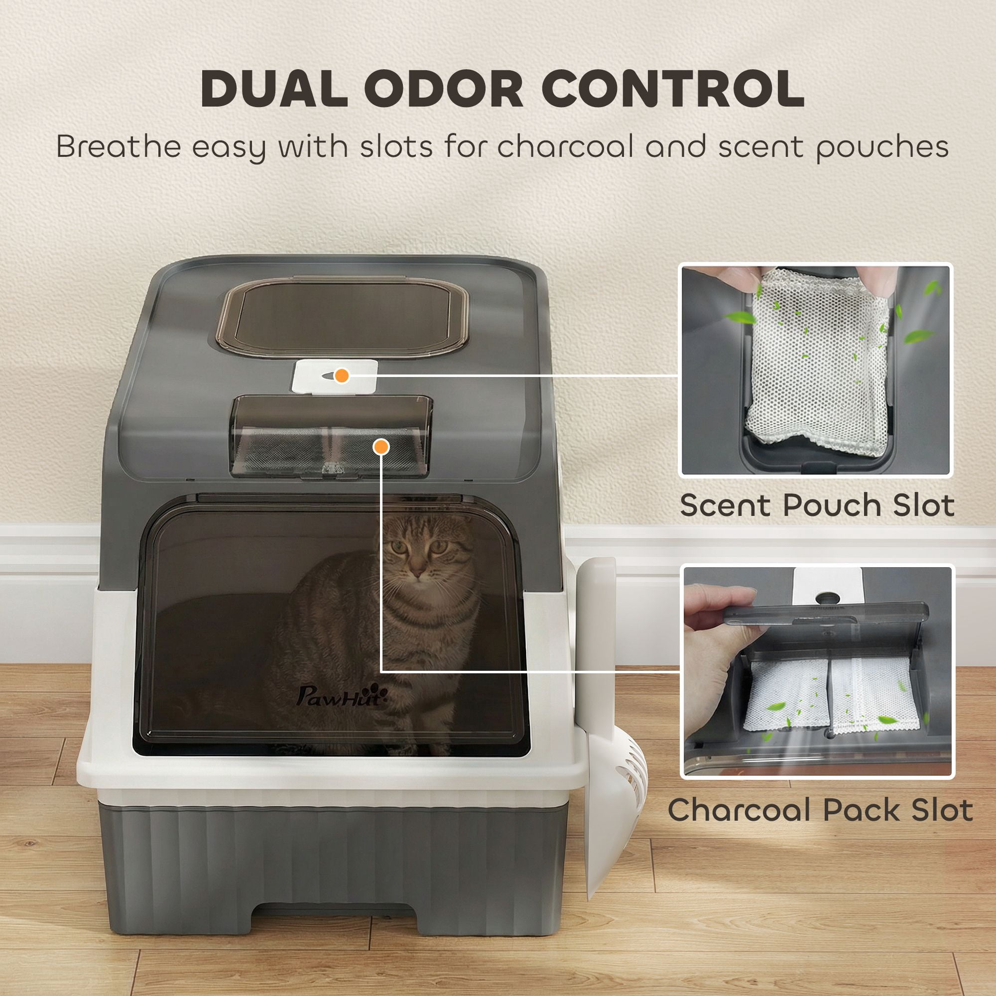 Washure Front Top Entry Hooded Cat Litter Box with Drawer Tray, Gray Easy Cleaning Cat Toilet