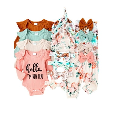 WIBACKER Newborn Baby Girl 4Pcs Outfit, Infant Girl Outfits Long Sleeve Ruffle Romper   Floral Pants   Headband  Hat Set Clothes