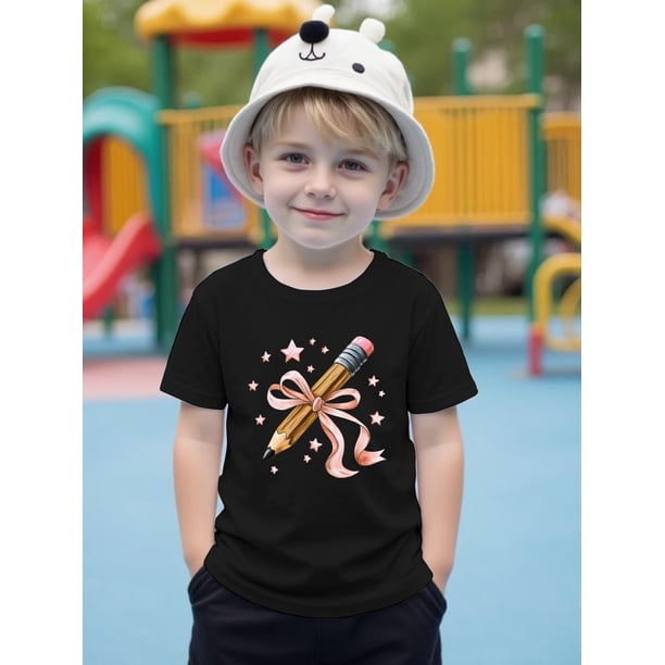 Boys' Cotton T-Shirt | Black with Pink Ribbon Pencil Print | Round Neck, Short Sleeve | Stretchy & Breathable Summer Top | Casual Playwear for