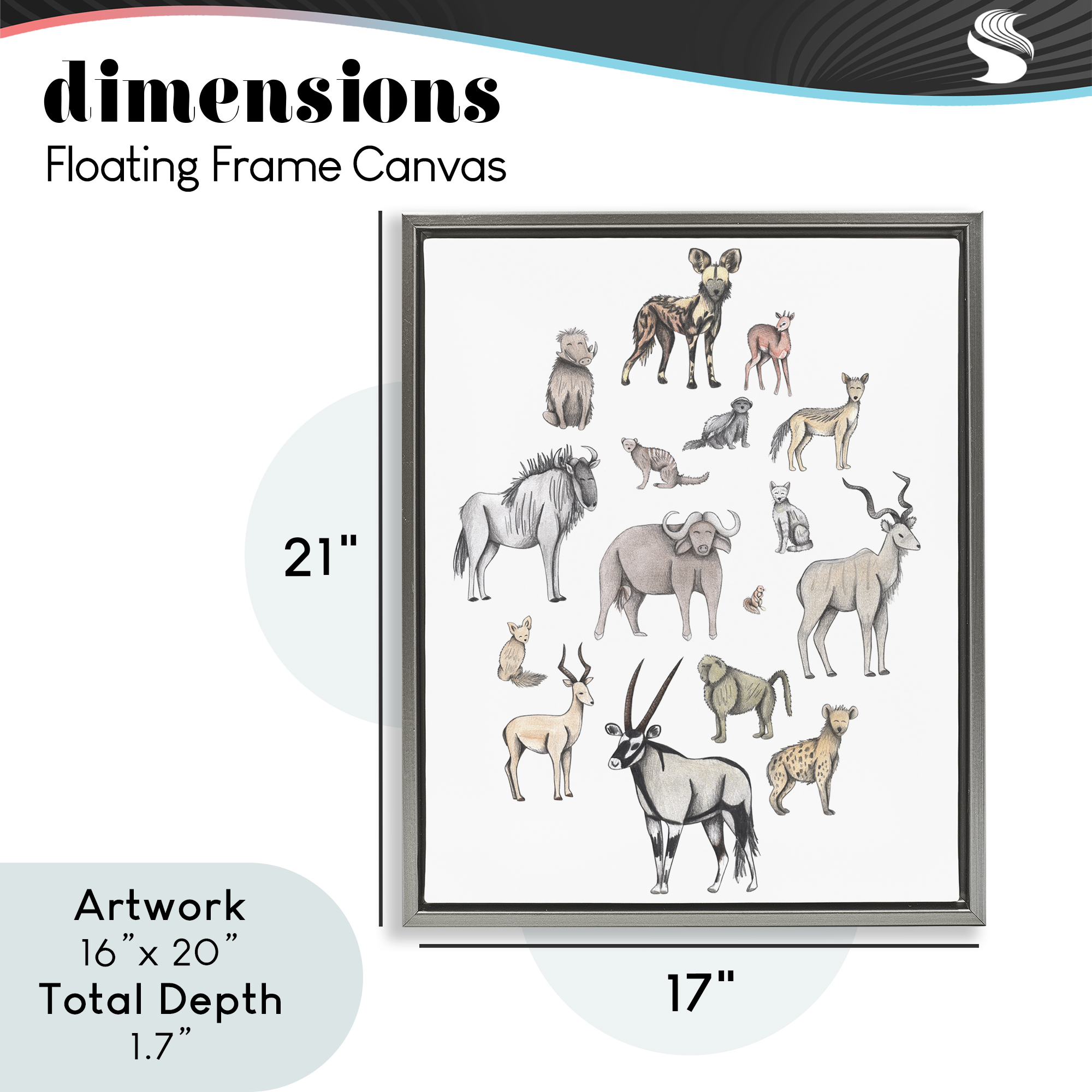 Simple Africa Animals Gray Framed Floater Canvas Wall Art, design by Cecilia Battaini
