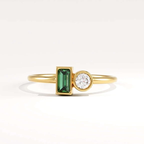 vylahjewellery Women's Emerald Green Stone Toi Et Moi Wedding Ring 10K Vermeil Yellow Gold Engagement Anniversary Ring Bezel Round Moissanite Valentine Day Gift Ring for Women
