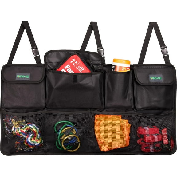 DRIVE - Back Seat Trunk Organizer, Space Saving Hanging Car Organizer, Collapsible Car Storage Bag with 8 Large Pockets for SUV, Black