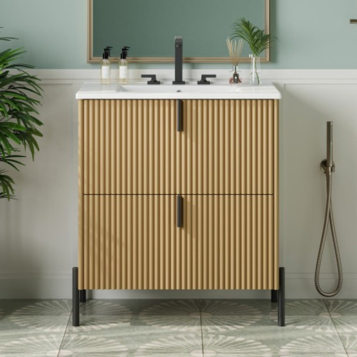 30" Bathroom Vanity with Ceramic Sink, Freestanding Bathroom Cabinet with Full Extension Drawers, Soft Close Slides, Fluted Design, Natural