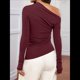 thumbnail image 5 of Blusas de Mujer con Hombros Descubiertos, Elegantes, de Larga, Asimétricas, Ajustadas, para Salir, de Otoño, con Frunces. Vino Tinto L, 5 of 8