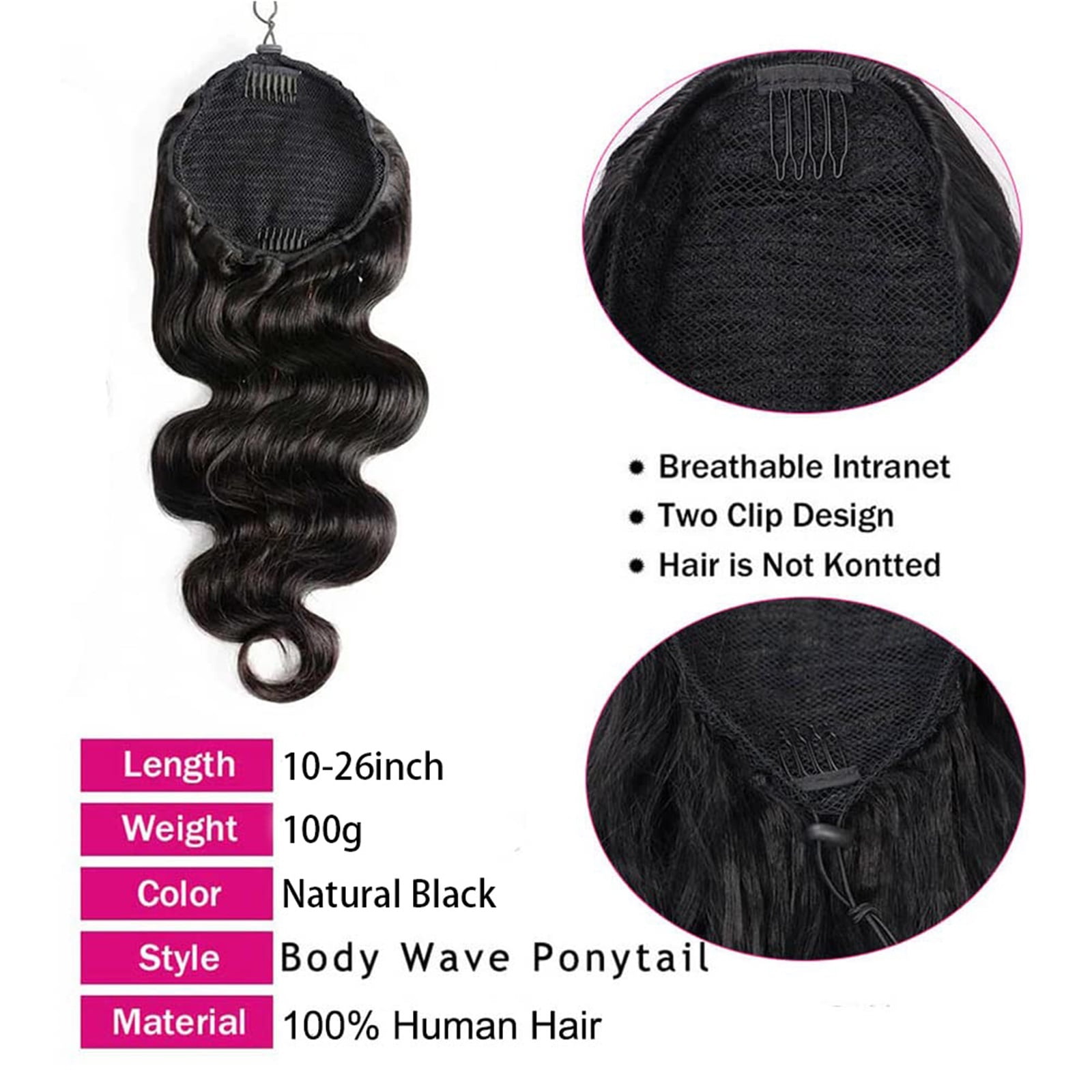 Drawstring Ponytail 10-26 Inch Long Body Wavy Human Hair Ponytail Hairpiece Clip in Remy Hair Extension for Daily Use
