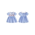 thumbnail image 2 of BemeyourBBs Kids Toddler Baby Girl 4th of July Dress Outfit Patriot Independent Day Clothes Little Baby Girl Summer Smocked Dress Bow American Flag Embroidery Short Sleeve Doll Collar Plaid Dress, 2 of 9