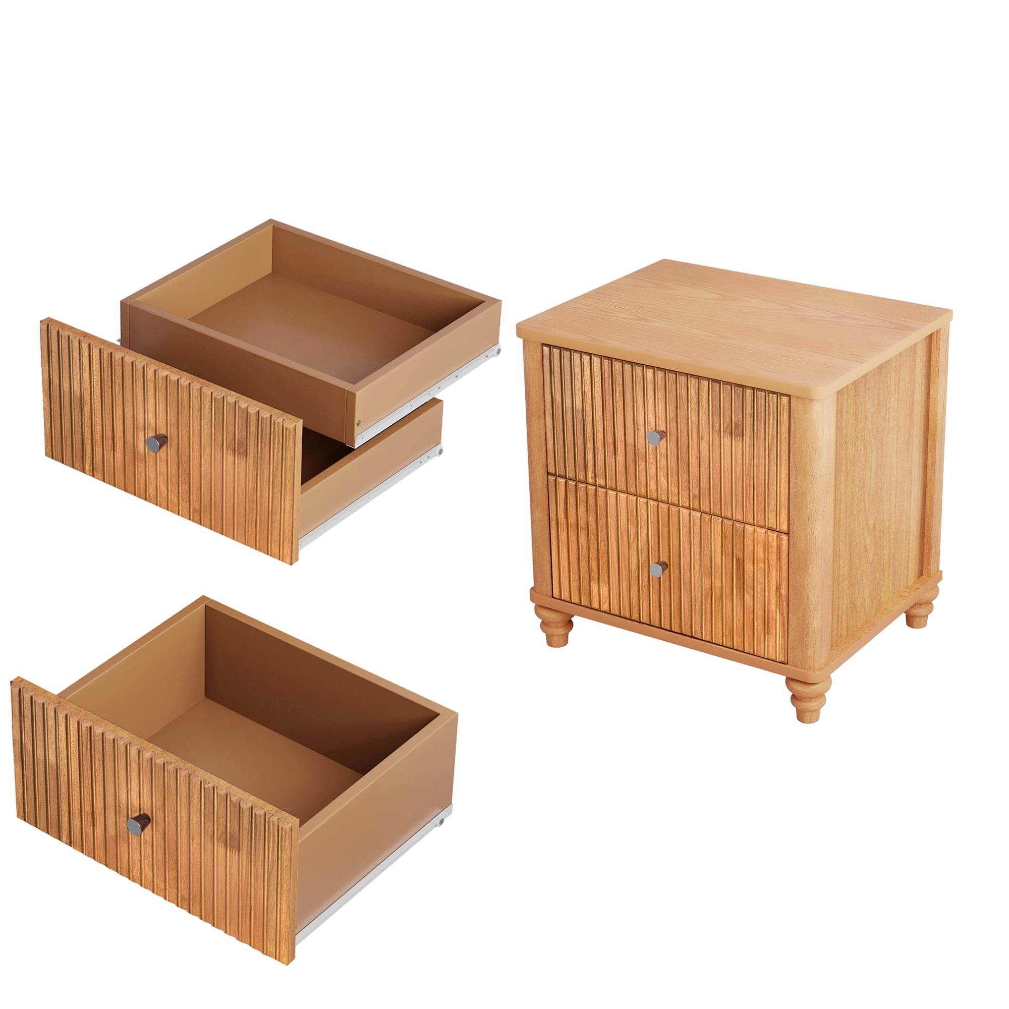 Fluted Nightstand 2-Piece Set, 21.65" Wide Side Table with 3 Drawers, Mid Century Modern Wood NightStand with Metal Handle, Wooden Bedside End Table for Bedroom, Living Room, Closet, Natural
