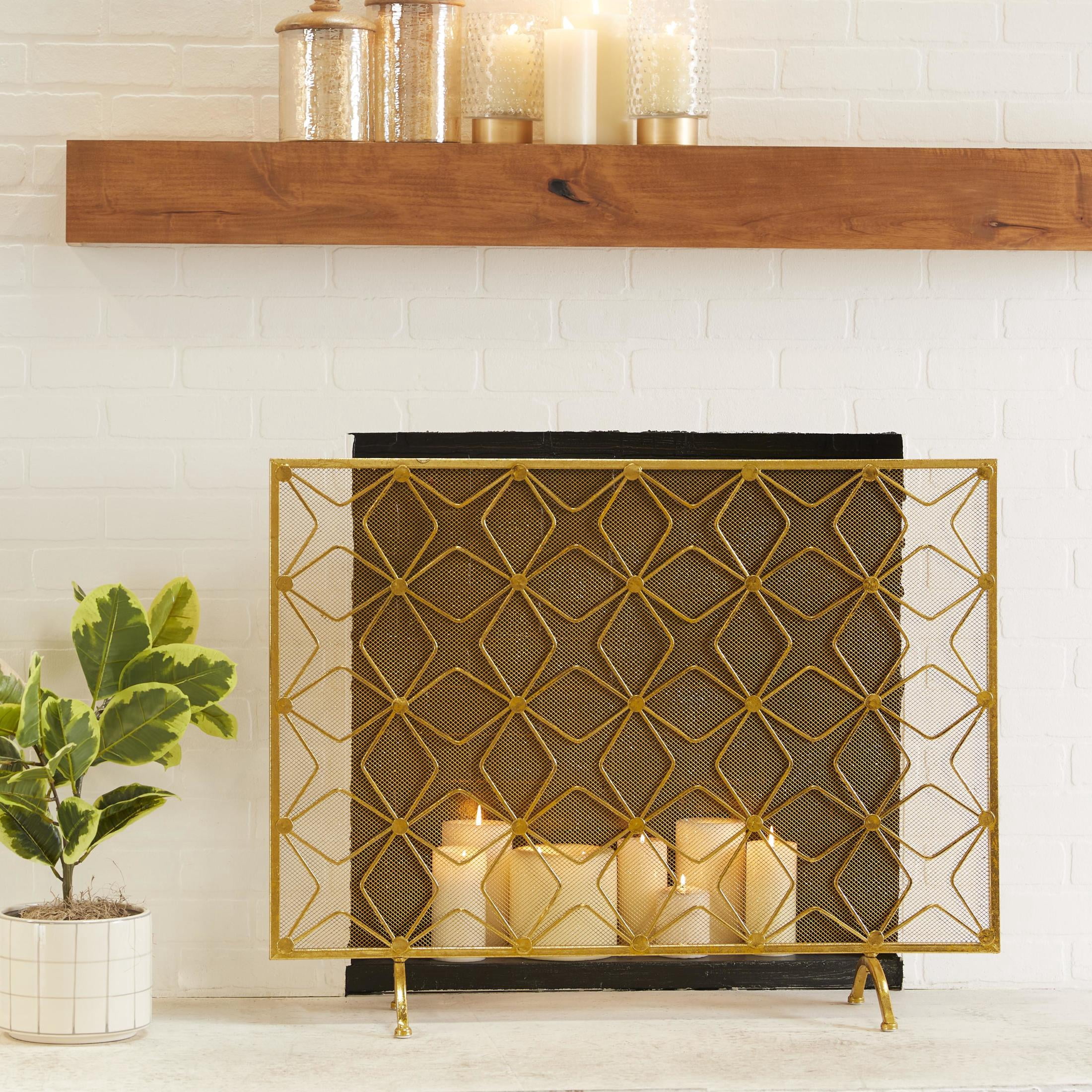 DecMode 38" x 28" Gold Metal Star Patterned Single Panel Geometric Fireplace Screen with Mesh Netting, 1-Piece