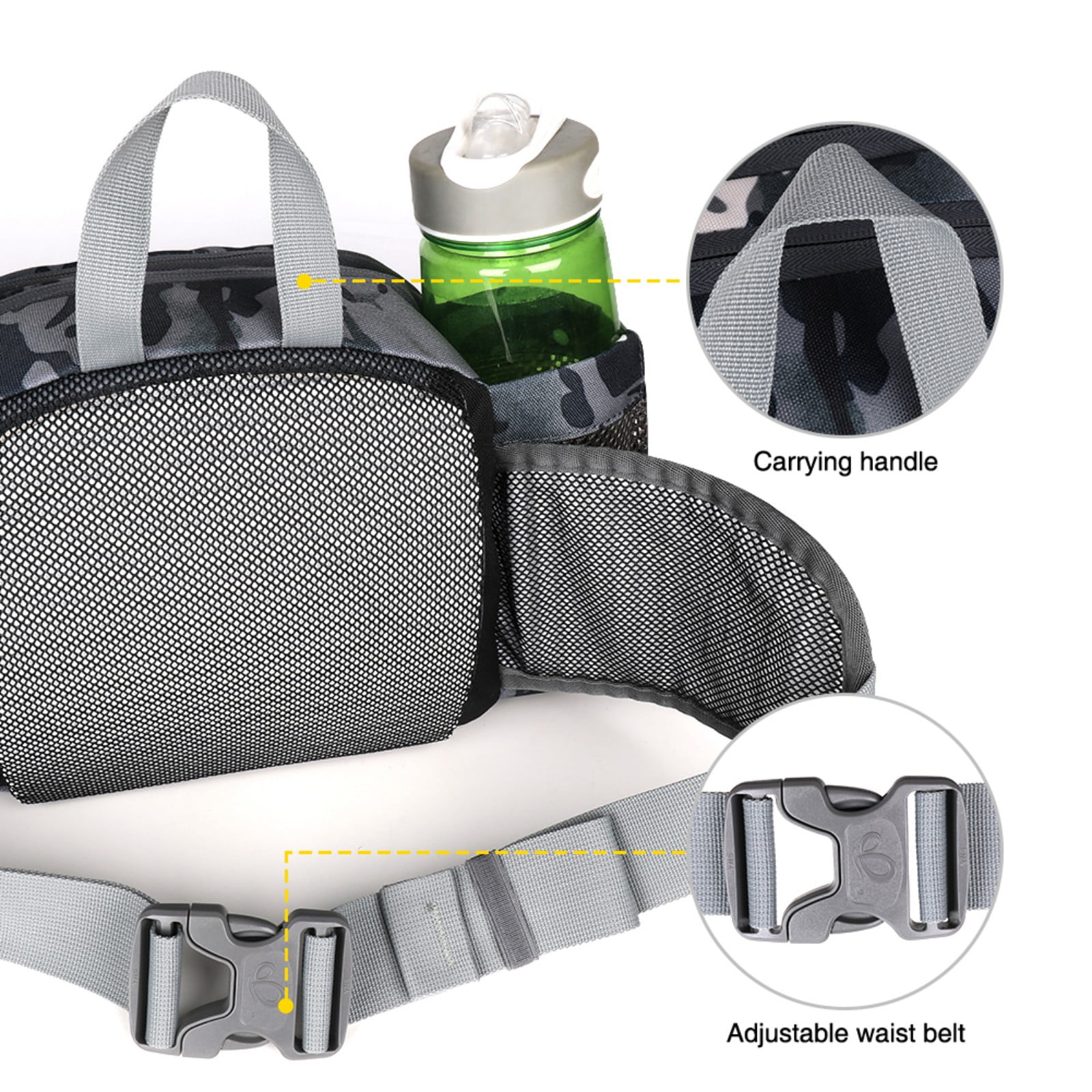 WATERFLY Unisex Large Capacity Hiking with Bottle Holder Nylon Fanny Pack Waist Bag,Black Camouflage