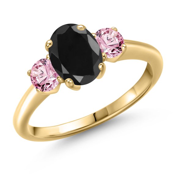 Gem Stone King 2.16 Ct Black Sapphire Pink Lab Grown Diamond 18K Yellow Gold Plated Silver Ring