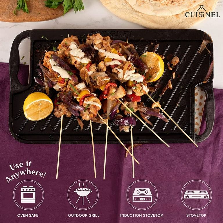 Cuisinel Cast Iron Griddle/Grill + Scraper/Cleaner - Reversible  Pre-Seasoned 16.75 X 9.5-inch Dual Handle Flat Skillet and Griller Pan +  Cleaning