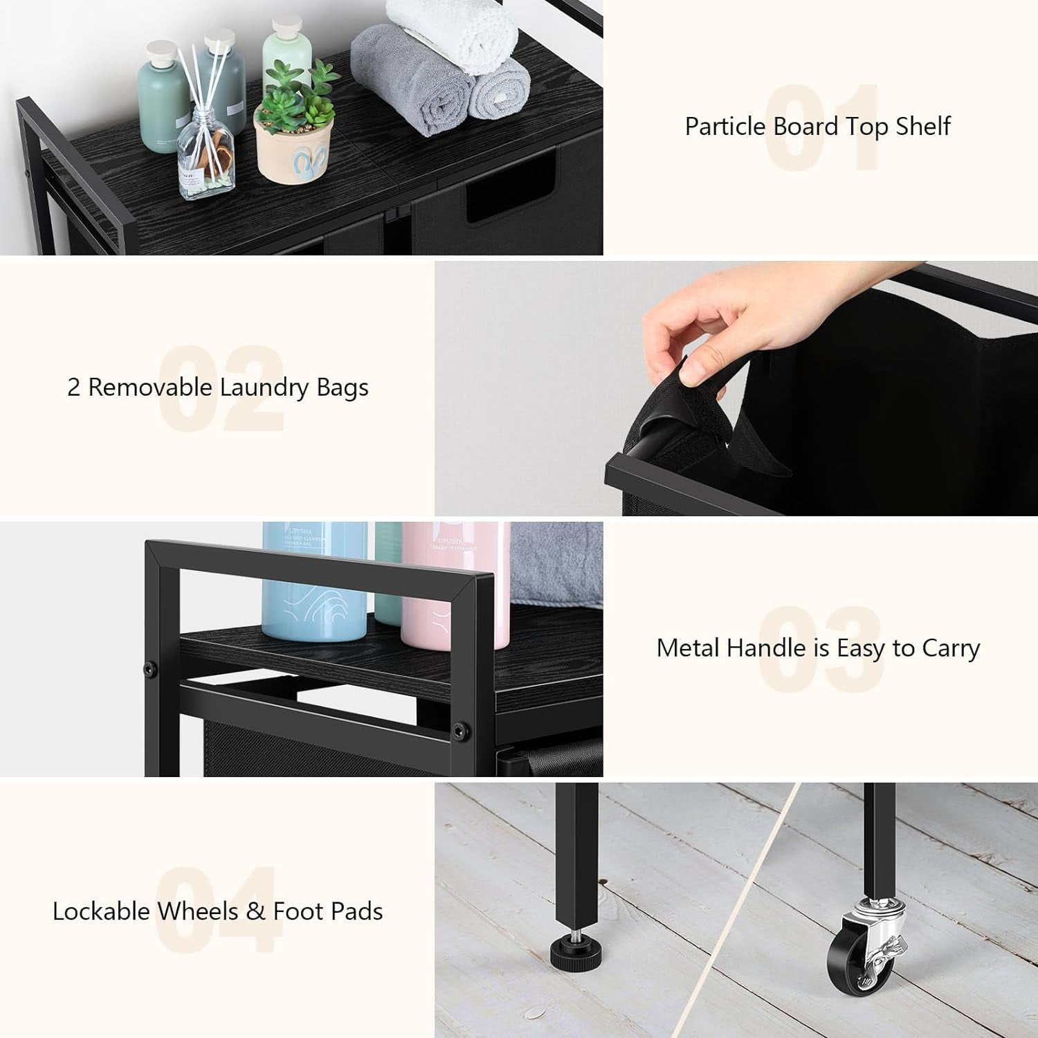 Oumilen Removable Bag 2-Bins Metal Laundry Sorter with Wood Shelf, Black
