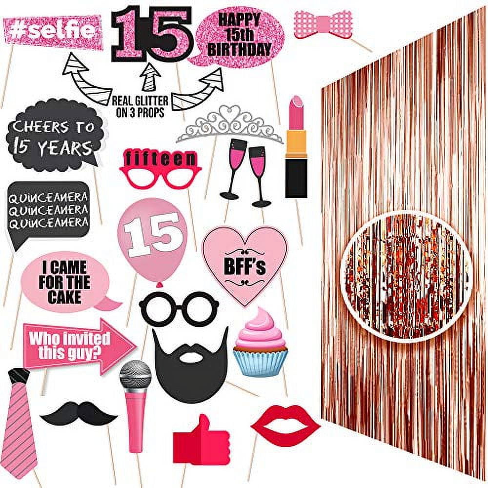 24 Piece Props & Backdrop 15 Birthday Decorations For Girls, Quinceanera Decorations, Happy 15th Birthday Decorations For Girls, Quinceanera Gifts, 15 Year Old Girl Gifts For Birthday, 15 Cake Topper