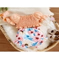 thumbnail image 3 of Baby Girl‘s Two-Piece Suit  Ruffle Short Sleeve Pleated Bowknot Crop Tops + Flower Print Ruffle Trim Shorts, 3 of 6