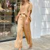RT5YKing Women's Summer Suit Fashion Solid Color Short Sleeve Trousers Casual Cotton & Linen Two-Piece Suit