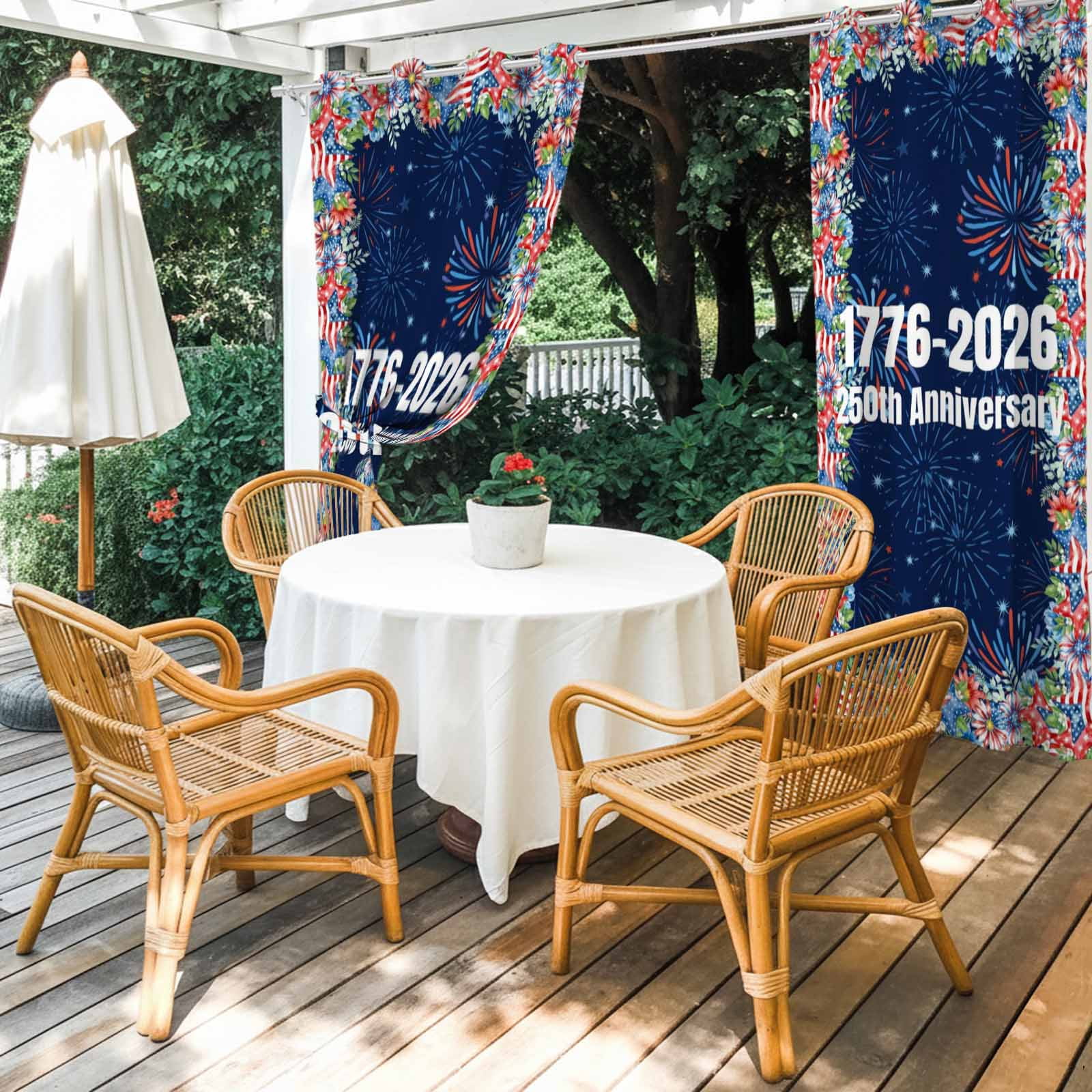 Independence Day Outdoor Curtains for Patio, 250th Anniversary Blue Red Sparklers Flowers Sunshade Privacy Drapes Grommet Waterproof Outside Curtains for Porch/Cabana/Balcony 54"x 108", 1 Panel