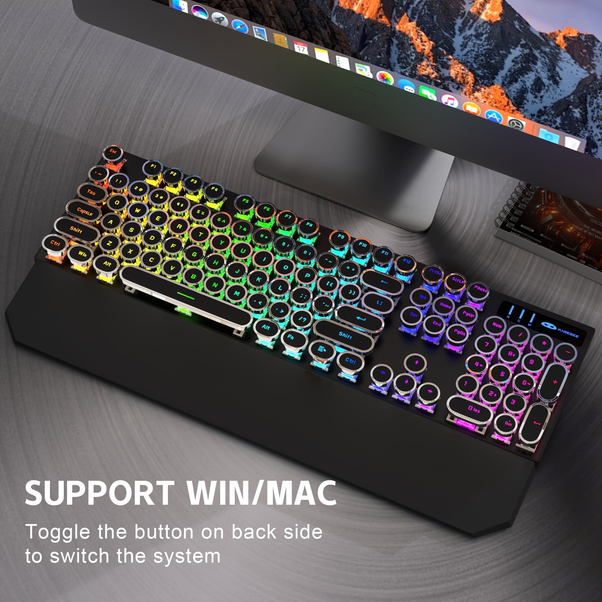 MageGee tri-mode BT5.0/2.4G/Type-C Typewriter Mechanical Gaming Keyboard Retro Punk Round Keycaps with RGB Rainbow Backlit Round key cap