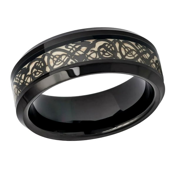 Men's Women's Tungsten Wedding Band Engagement Ring 8mm Black IP Celtic Cut-Out Design Inlay
